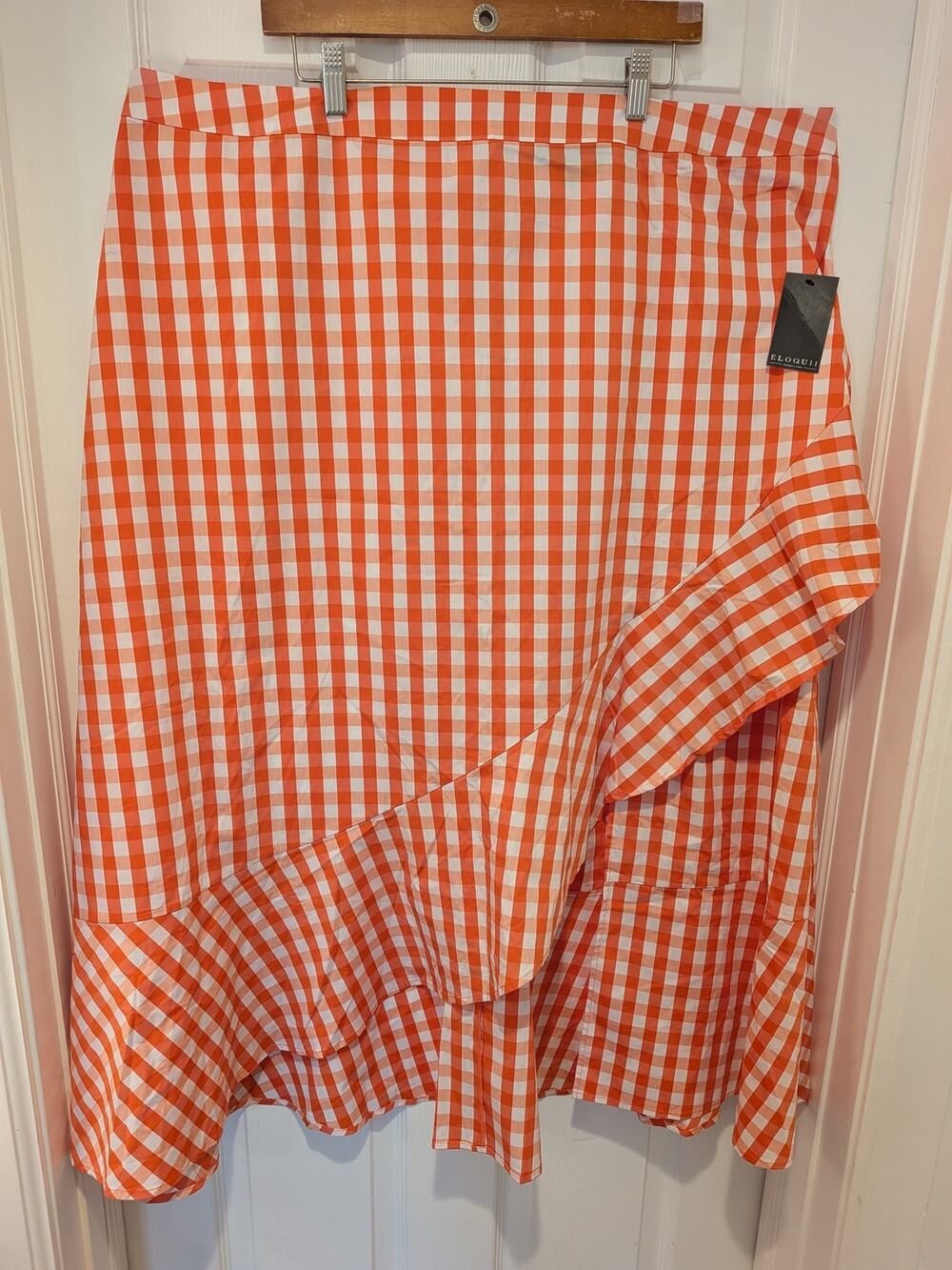 Eloquii Plus Size 24 NWT Orange White Gingham Asymmetrical ExhuberenceMidi Skirt